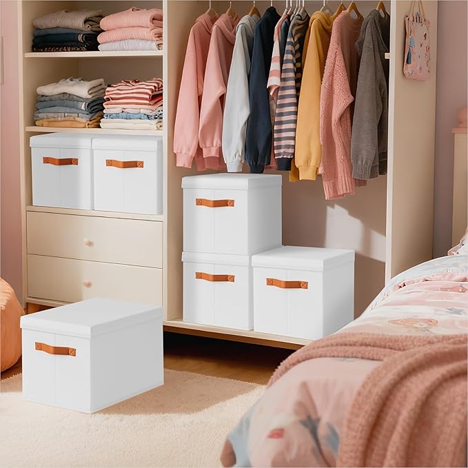 Homsorout Storage Bins with Lids - Fabric Storage Baskets for Shelves, 6 Pack Foldable Decorative Boxes with Handles, Stackable Organizer Bins for Home, Nursery, Dorm, White
