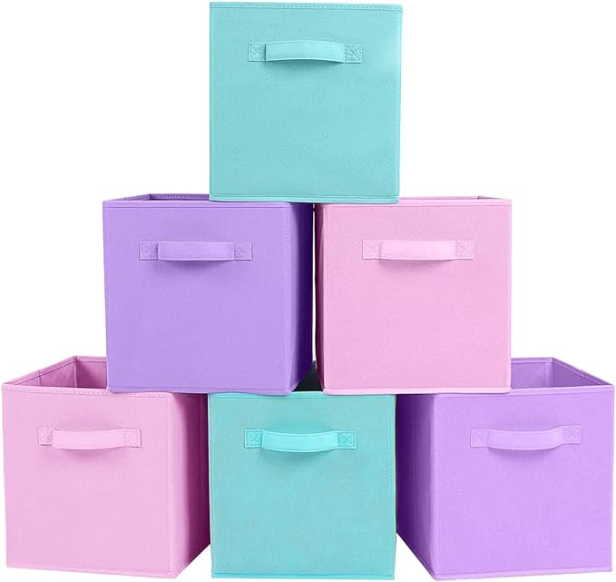 PowerKing Collapsible Storage Cubes with Handles, Fabric Foldable Bins for Closet Shelves, Durable Organization Storage Bins, 10.5'' x 11'' x 10.5'' (Lavender+Light Blue+Pink, 6Pack)