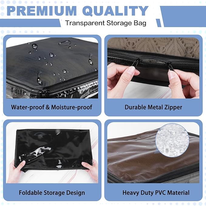 Clear Zippered Storage Bags Plastic Sweater Storage Bags with Zipper 6 Packs Clothing Organizer for Blankets Linen Sweater Bed Sheet Quilt Clothes Pillow (12 x 12 x 12 Inch, Black)