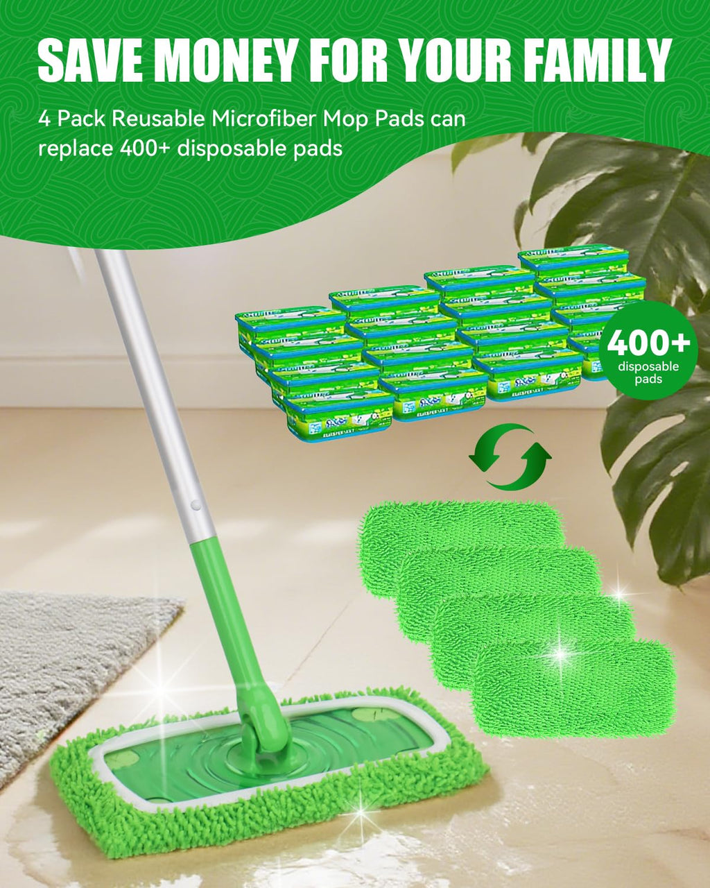 Reusable Microfiber Mop Pads Compatible with Swiffer Sweeper Mop (4 Count)