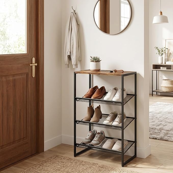 Shoe Rack，4 Tier Shoe Storage Organizer，Sturdy Shoe Shelf,Boot Rack with a Fine Mesh Shelves，for Entryway, Living Room, Hallway，Small Space,11.8 x 16.5 x 27.9 Inches,Brown