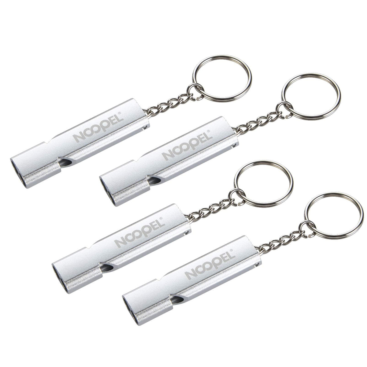 Noopel Emergency Whistles Lifeguard Safety Whistle with Lanyard and Keychain for Outdoor Camping Hiking Boating Hunting Fishing Kayak Kids Rescue Signaling Loud Survival Whistle (4 Pack Silver)
