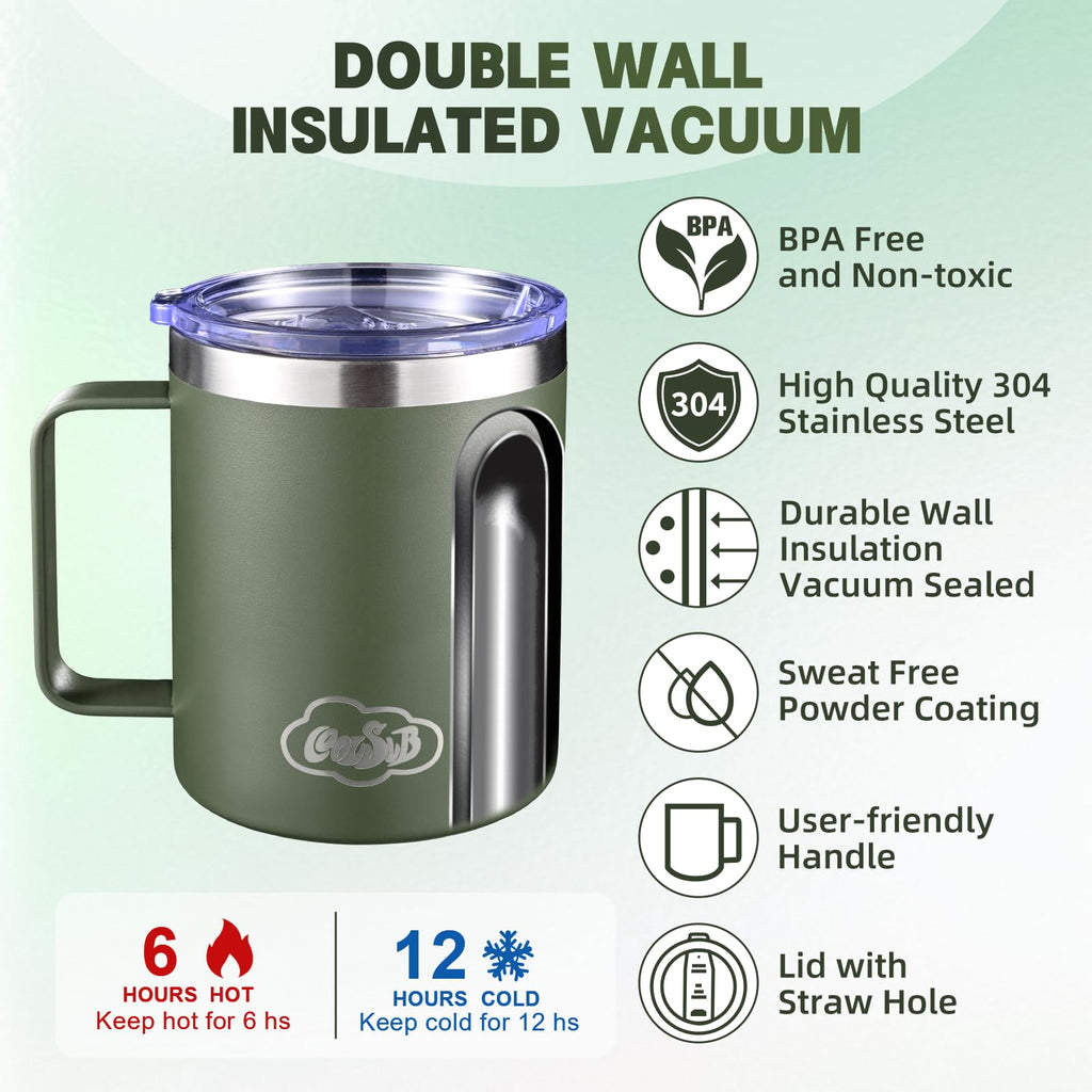 CoolSub 12oz Insulated Coffee Mug with Handle, Stainless Steel Wide Mouth Travel Tumblers with Lid, Double Wall Vacuum Coffee Cup for Camping, Office, Army Green 4 Pack