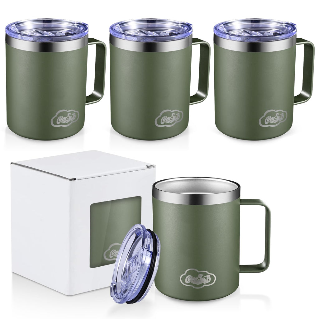 CoolSub 12oz Insulated Coffee Mug with Handle, Stainless Steel Wide Mouth Travel Tumblers with Lid, Double Wall Vacuum Coffee Cup for Camping, Office, Army Green 4 Pack