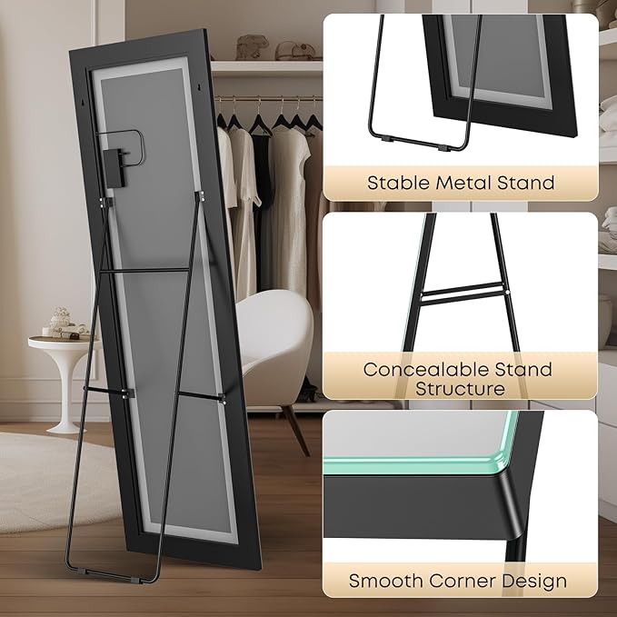Kosmonia 67x24 Frameless Full Length Mirror, Dimmable 3 Color LED Light w/Memory Function, Distortion Free, HD Reflection & Anti Desilvering, Tempered Glass, Easy Setup w/Stand, Wall/Standing