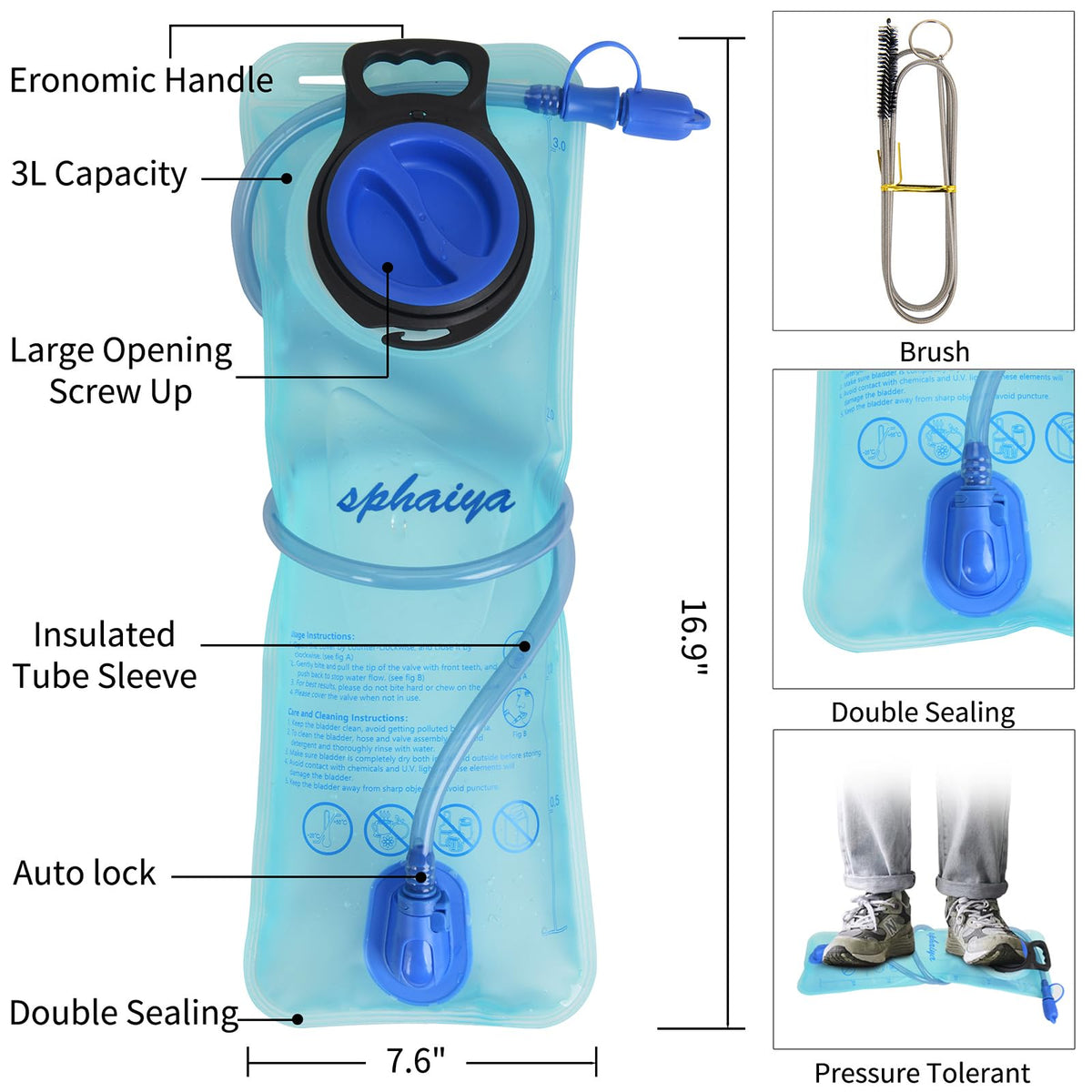 Hydration Bladder 2L-3L Water Storage Bag Reservoir,Military Hydration Pack Replacement for Hiking Biking Climbing Cycling Running Camping Backpack with Clean Flexible Brush (3L-Green+Blue)
