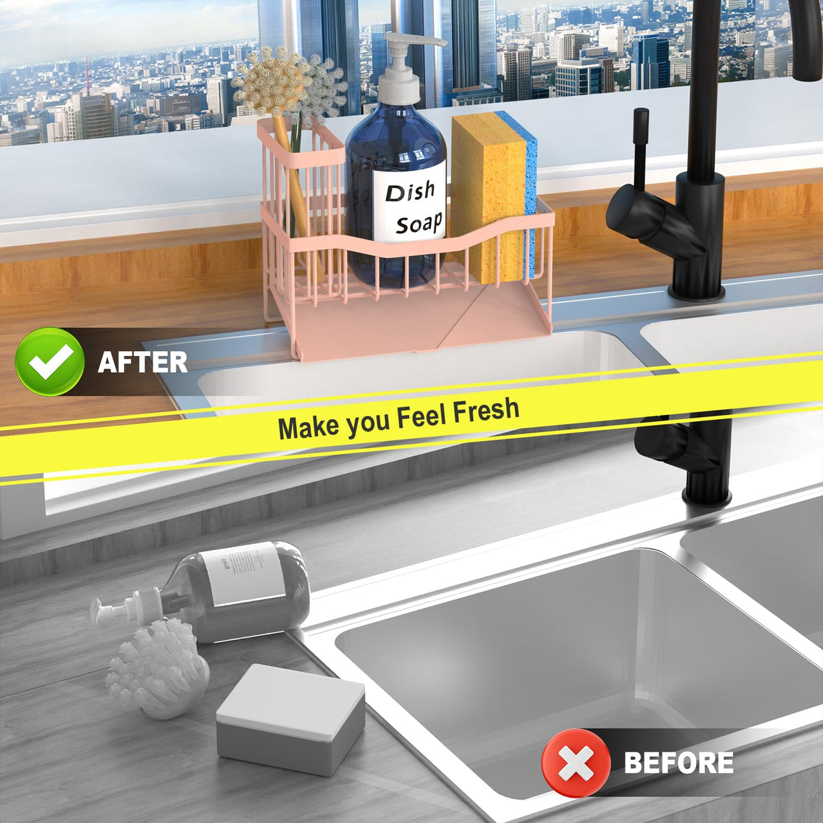 Maifan Sink Caddy Sponge Holder for Kitchen with Brush Holder and Stainless Steel Self Drain Tray