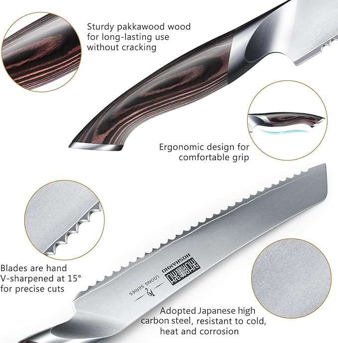 HOSHANHO Bread Knife 8 inch, Japanese High Carbon Stainless Steel Serrated Bread Knife, Professional Bread Cutting Knife for Homemade Bread