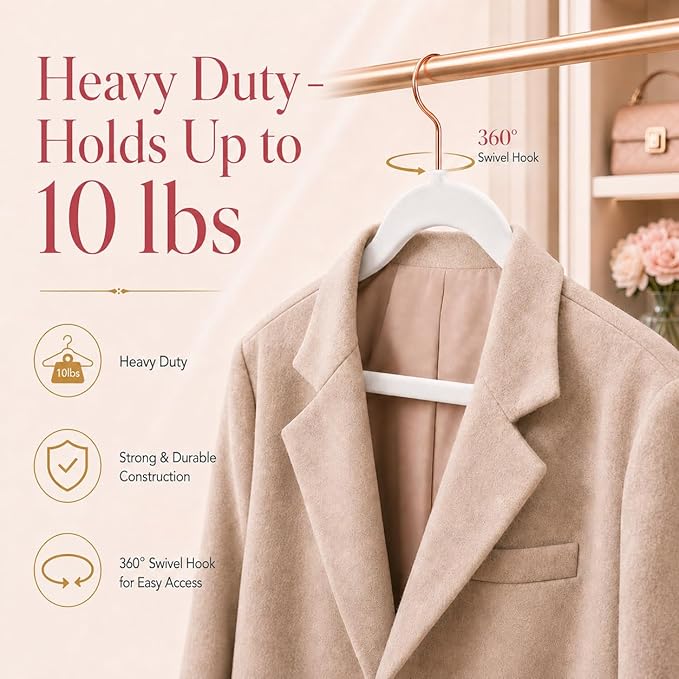 Smartor White Velvet Hangers 50 Pack, Non Slip Clothes Felt Hanger Heavy Duty for Coat, 360° Rotating Rose Glod Hook, Premium Slim Space Saving Hangers for Closet Organizer and Storage