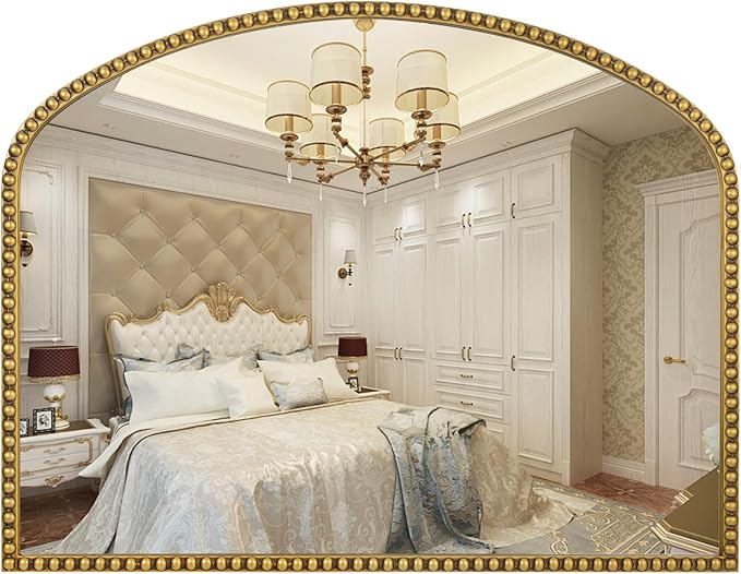 28"x36" Large Arch Wall Mirror, Decorative Beaded Frame Hanging Vanity Mirror for Dresser, Bathroom, Entryway, Bedroom, Mantel, Antique Gold