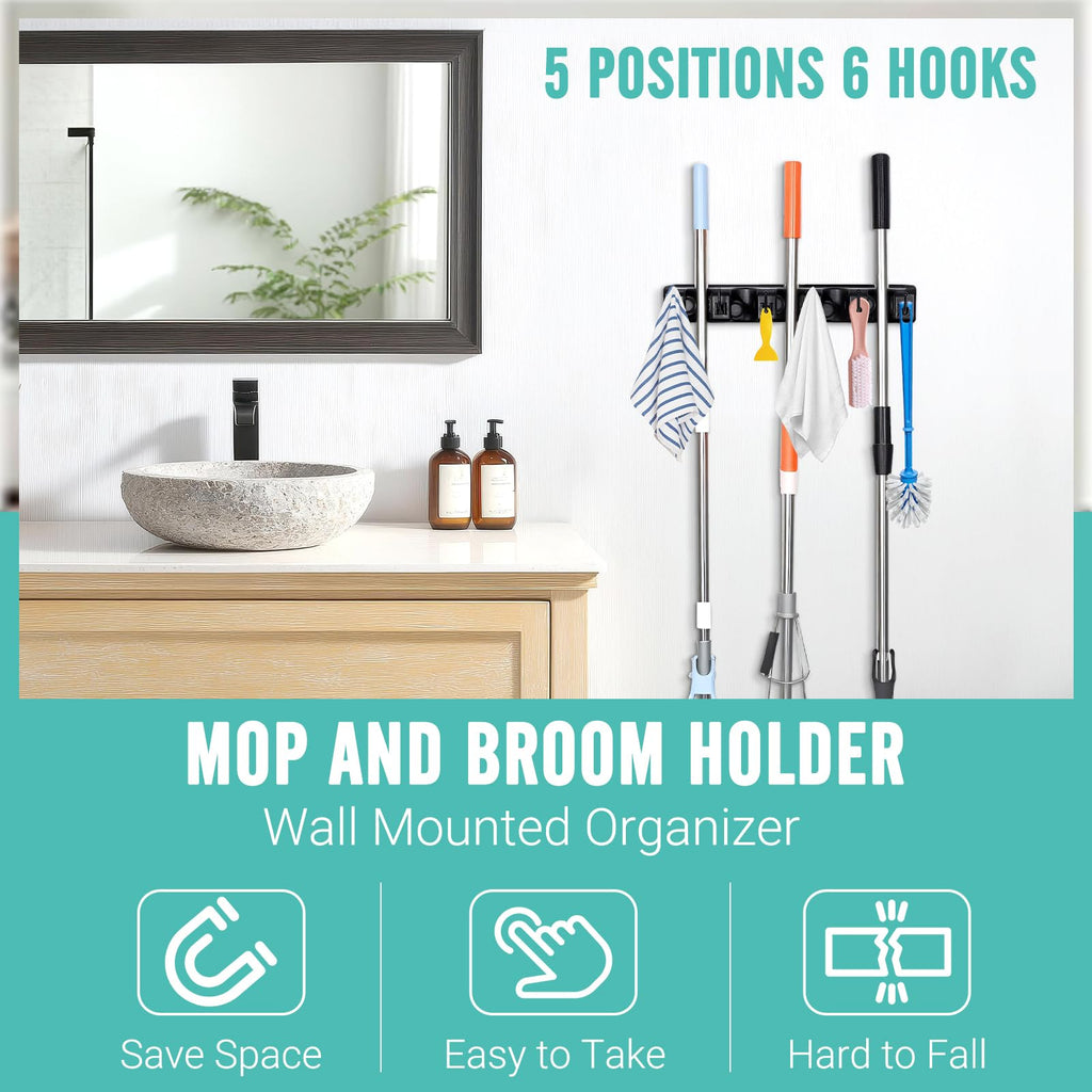 Wall Mount Broom Holder 5 Slots 6 Hooks Mop Organizer Rack