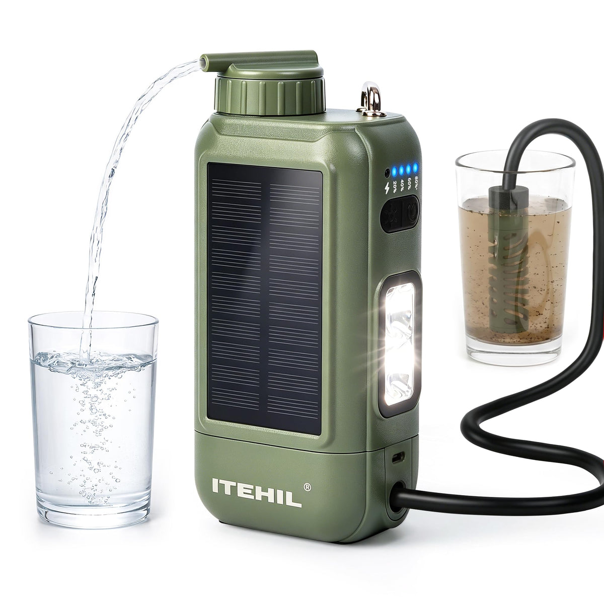 ITEHIL Portable Electric Water Filter, 0.01 Micron Camping Water Purifier with Solar, Outdoor Water Purification System for Camping, Hiking, Emergency & Survival