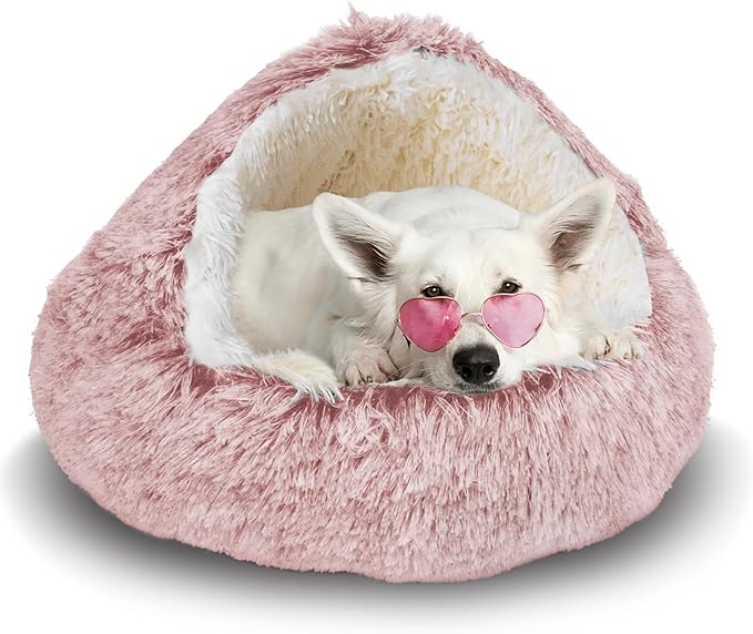 ShinHye Cat Bed Round Plush Fluffy Hooded Cat Bed Cave, Cozy for Indoor Cats or Small Dog beds, Soothing Pet Beds Doughnut Calm Anti-nxiety Dog Bed - Waterproof Bottom Washable (26×26inch, Pink)