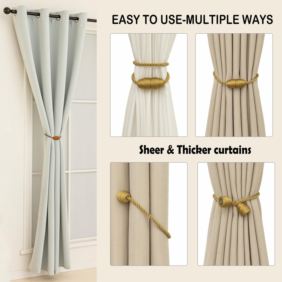 Magnetic Curtain Tiebacks Rope Curtain Tie Backs for Curtains 6 Pack Curtain Holders for Drapes Decorative Window Curtain Holdbacks (6 Count)