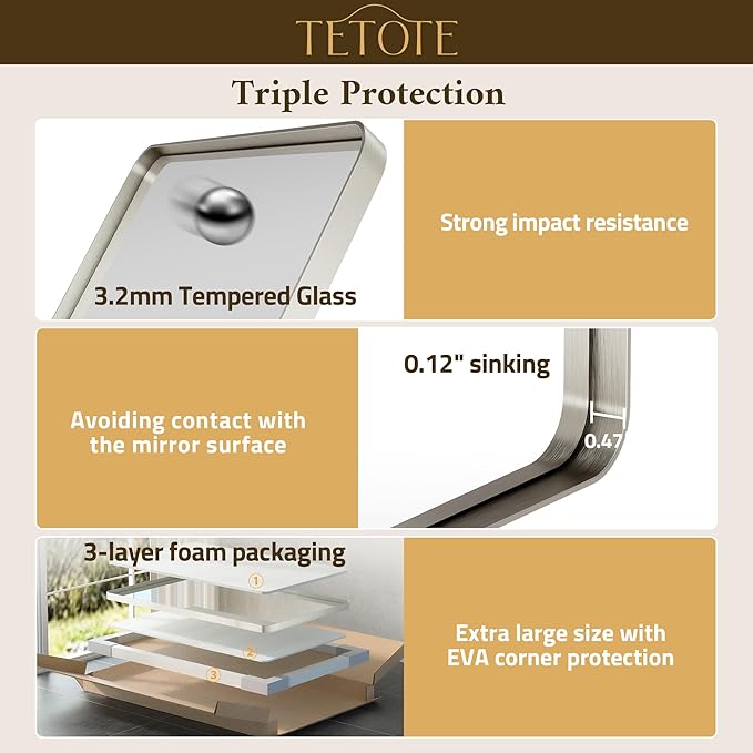 TETOTE Brushed Nickel Bathroom Mirror 30 x 36 Brushed Nickel Metal Framed Bathroom Mirror, Tempered Glass, Modern Farmhouse Wall Mounted Mirror for Decorative(Horizontal/Vertical)