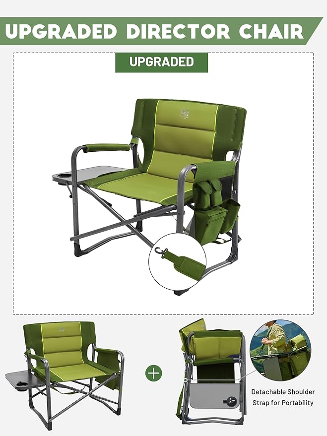 Timber Ridge XXL Upgraded Oversized Directors Chairs with Foldable Side Table, Detachable Side Pocket, Heavy Duty Folding Camping Chair up to 600 Lbs Weight Capacity (Green) Ideal Gift
