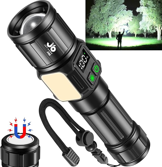 JAY-PARK Flashlights High Lumens, Rechargeable Flashlight 10000 Lumens with Magnetic, Bright Flash Light 9 Modes with 5000 mAh Battery, Tactical Flashlight for Camping, Hiking, Dog Walking