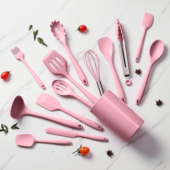 LIANYU 14 Pcs Kitchen Utensils Set, Silicone Cooking Utensils Spatula Set with Holder, Heat Resistant Cookware Tools Includes Spoon Turner Whisk Tong, Dishwasher Safe, Pink