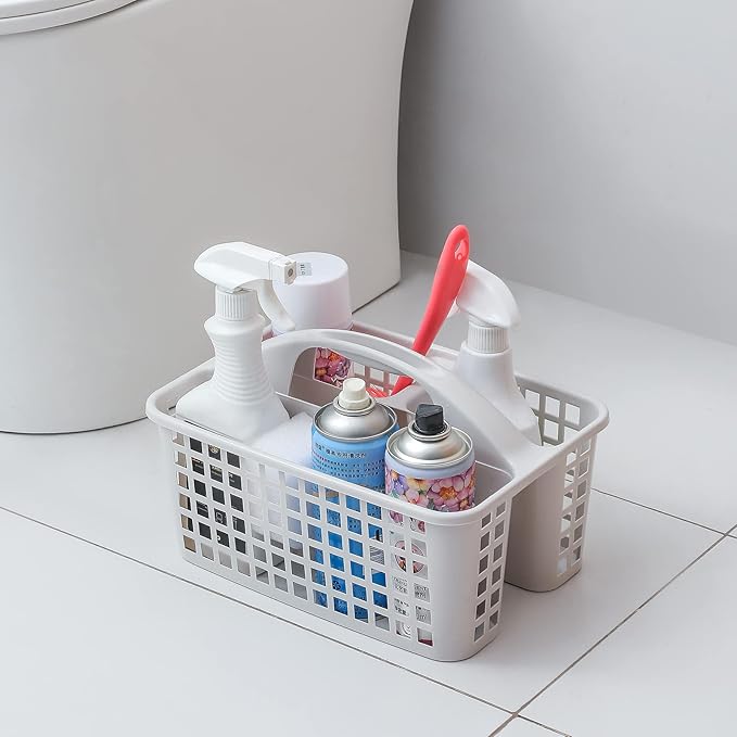 Portable Shower Caddy Basket with Compartments Cleaning Supplies Organizer with Handle Plastic Storage Divided Tool Bin for Bathroom, Bedroom, Kitchen, College Dorm, Garden, Under Sink, Light Grey