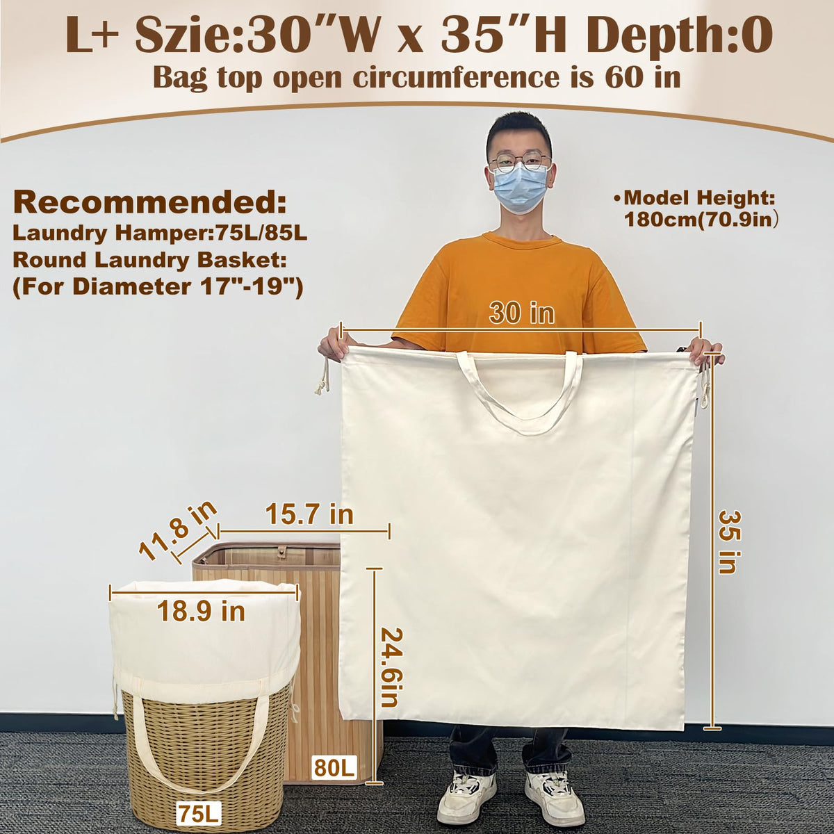 Heavy Duty Canvas Laundry Bag with Handles & Drawstring 30"Wx35"H