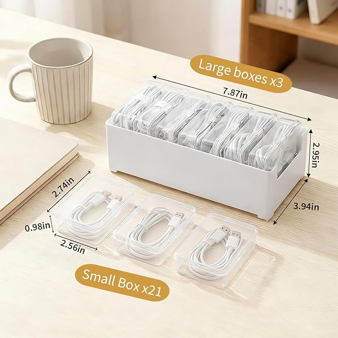 3 PCS Cable Organizer Box with 21 Clear Switch Case, Charger Cord Organizer Box for Home Office Desk Storage Accessories
