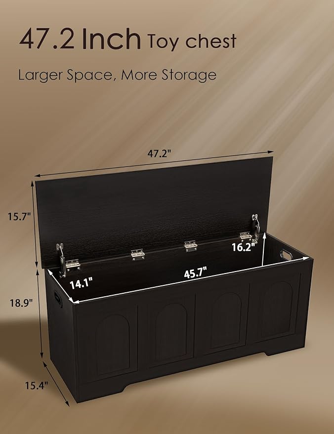 DINZI LVJ Storage Chest, 47.2”Wooden Storage Box with 2 Safety Hinges, Entryway Shoe Bench with Flip-Top, Large Trunk for Living Room, Bedroom, Easy Assembly, Espresso