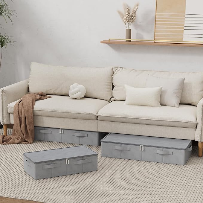 Underbed Storage Box, Foldable Bed Sheet Organizer, Cube Bags Container with Lid for Organizing Clothes, Blankets, Comforter, 23.6x11.8x5.9in, Grey, 2 Pack