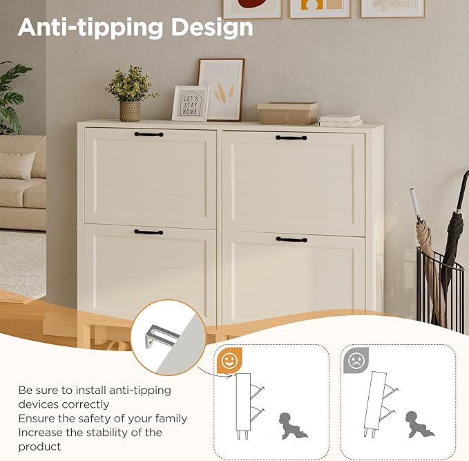 LOUVIXA Shoe Cabinet with 4 Flip Drawers, Narrow Shoe Storage Cabinet, Freestanding Shoe Cabinet Organizer, Hidden Shoe Rack Cabinet for Entryway, Hallway (4-Drawers, Off White/4-drawers)