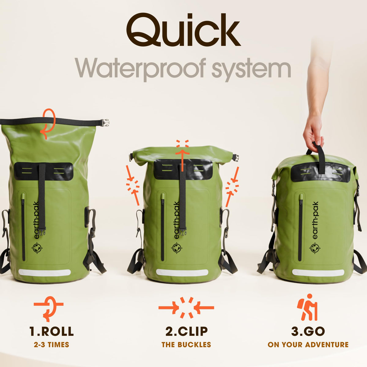 Earth Pak Waterproof Backpack - Heavy Duty Hiking Backpack - Roll-Top Closure Bag - Cushioned Dry Bag Waterproof Phone Case