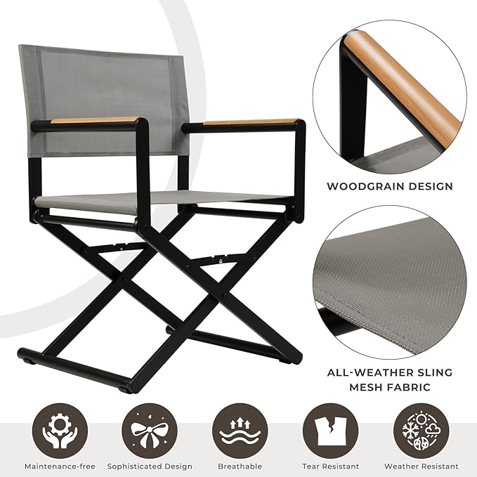 Grand patio 9-Piece Outdoor Dining Set, 8 Extra-Wide Folding Chairs & 1 Rectangle Expandable Table for 6-8 Person, Sling Mesh Patio Chairs with Wood Grain Table for Yard, Poolside, Deck, Gray