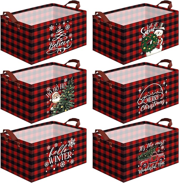CHENGU 6 Pack Christmas Storage Basket Collapsible Christmas Basket for Gifts Buffalo Plaid Holiday Decor Large Snowman Bin Foldable Xmas Tree Box with Handle for Bedroom Office Home