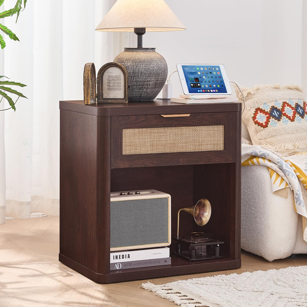 Rattan Nightstands Set of 2 with Charging Station (2 Count)