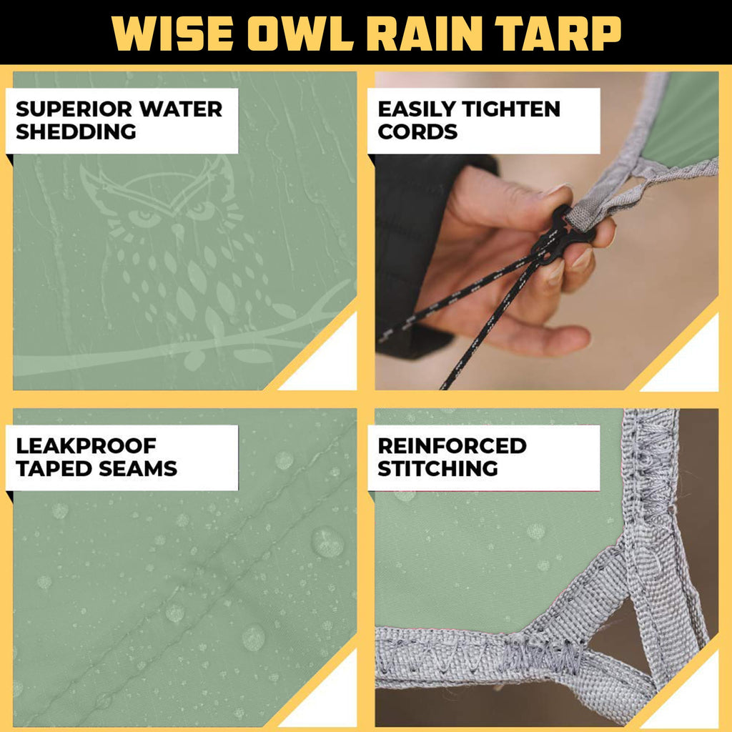 Wise Owl Outfitters Hammock Rain Fly – Waterproof Camping Tarp Cover with Tent Stakes & Carry Bag, Ultralight Shelter for Backpacking & Outdoor Shade