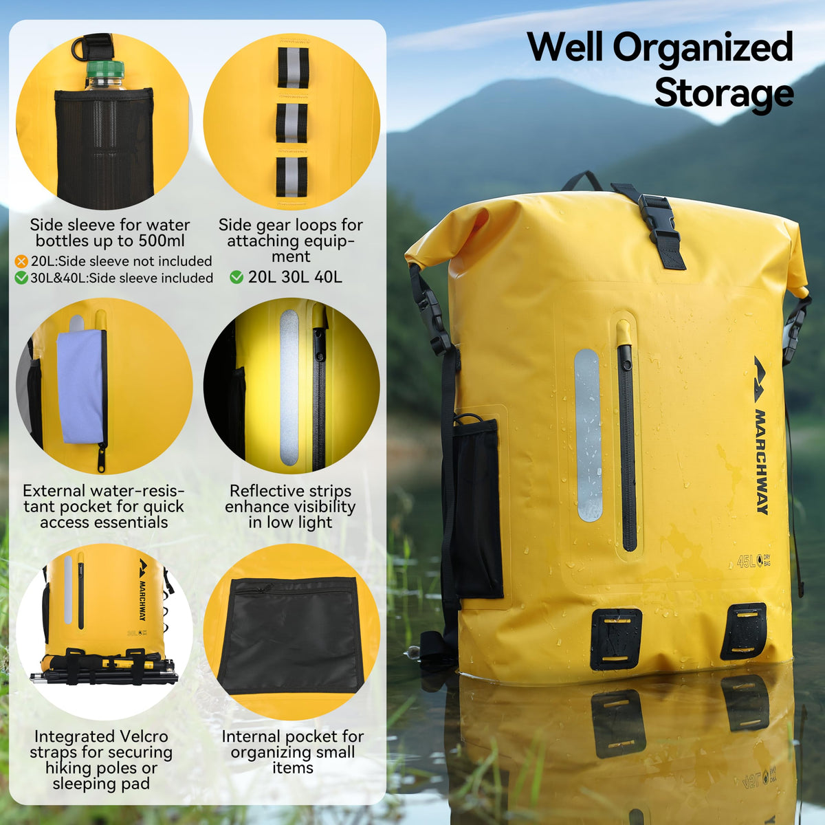 MARCHWAY Roll Top Waterproof Backpack, Floating Dry Bag 20L/30L/45L with Ergonomic Rectangular Base, Cushioned Back, Hip Strap for Hiking Camping Kayaking Travel (Yellow, 20L)