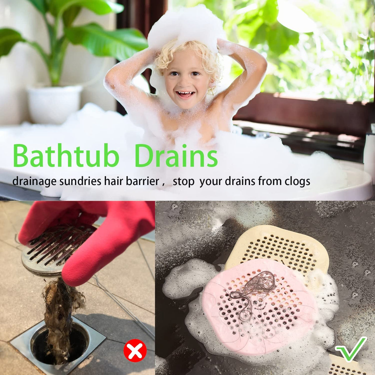 2 Pack Drain Hair Catcher Silicone Drain Protector Hair Stopper with Suction Cup for Shower Kitchen Bathroom Black White (2 Count)