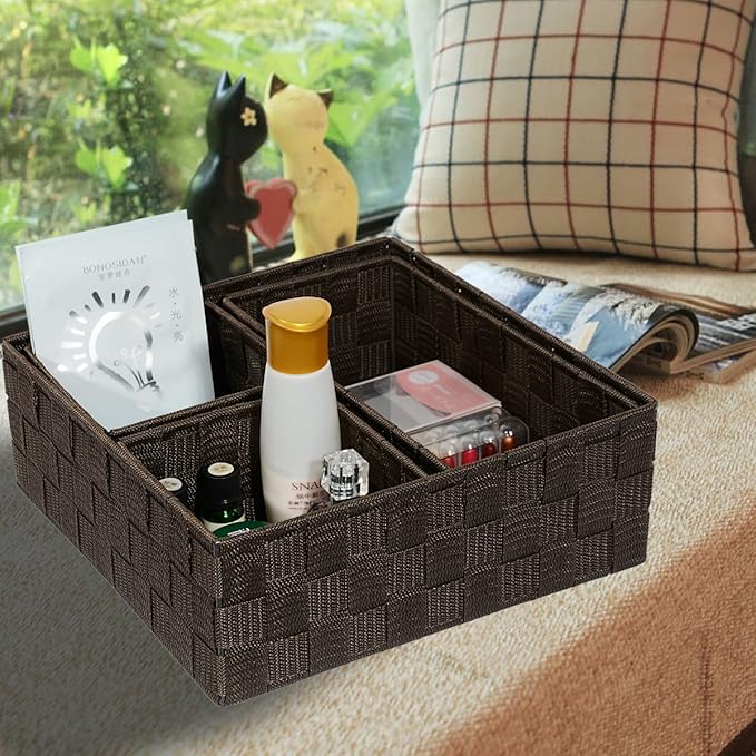 Posprica Woven Storage Baskets for Organizing, Small Baskets Cube Bin Container Tote Organizer Divider for Drawer, Closet, Shelf, Dresser, Set of 4(Brown)