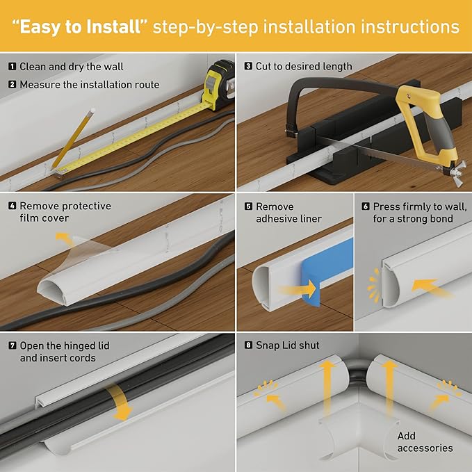 D-Line Half Round Cord Hider, Patented Cable Cover, Hide TV Wall Mount Wires, Raceway for Cords, Decorative Wire Covers, Paintable, Adhesive Cable Concealer, 1x 2in W x 1in H x 39in L, White