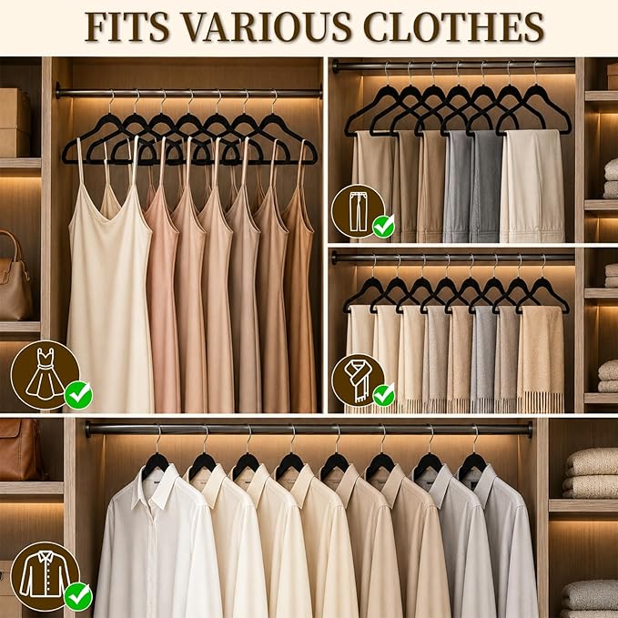 Velvet Hangers 50 Pack, Non Slip Clothes Hangers with Shoulder Notches, Slim Felt Hanger with 360° Swivel Hook, Space-Saving, for Coat, Shirt, Pants, Dress, Suits, Black