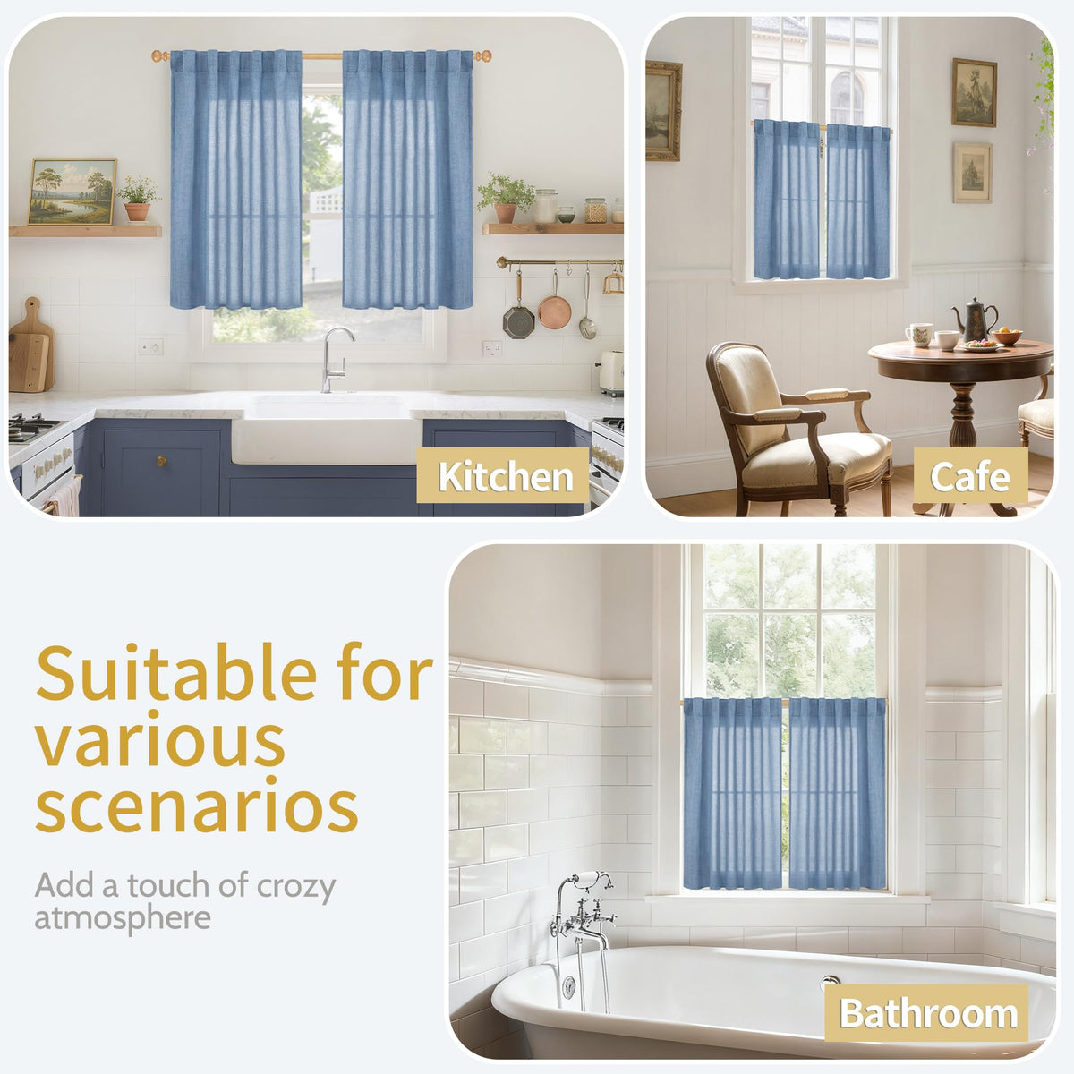 Denim Blue Short Linen Curtains 40 Inch Length for Kitchen Window (2 Count)