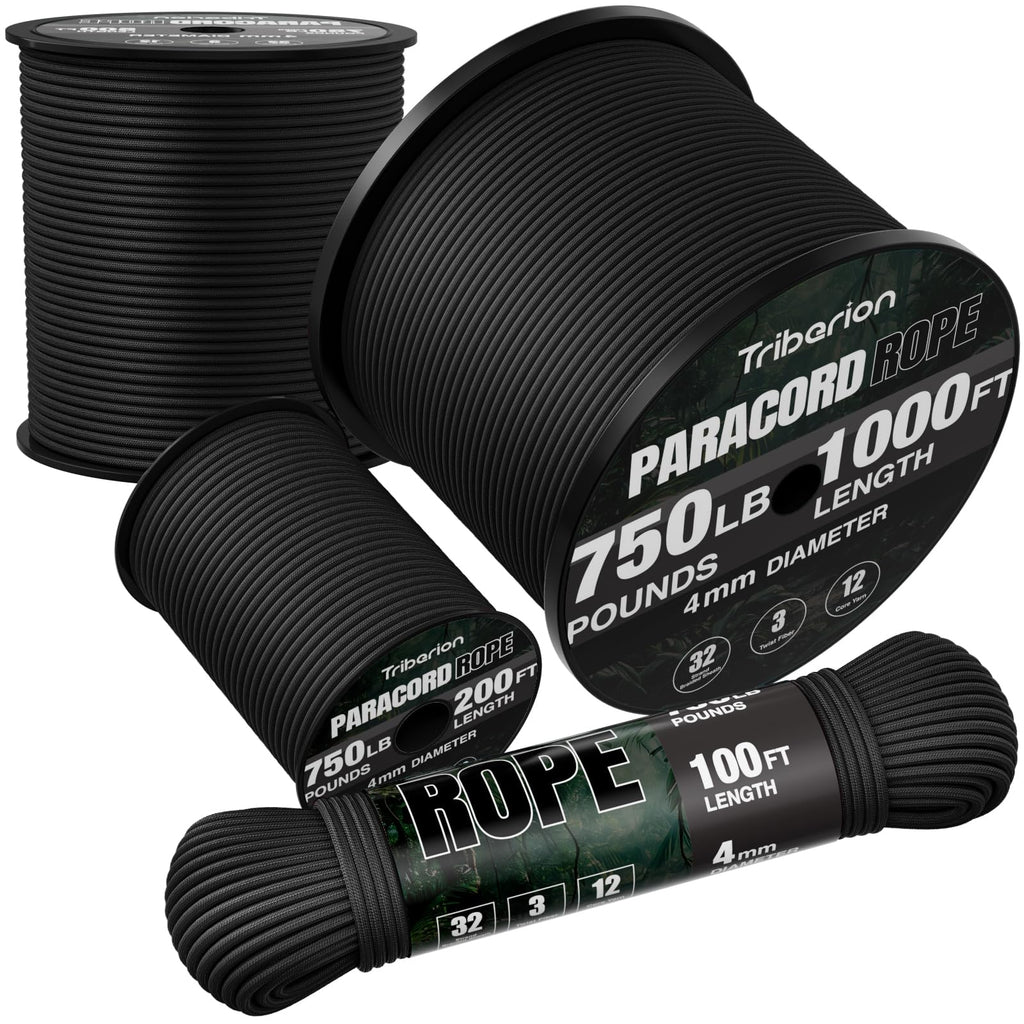 TRIBERION Paracord Rope 750 lb - 200ft 5/32" Parachute Cord 4MM 12-Strand para Cord - Heavy Duty Spool String for Survival,Camping Gear, Survival Bracelet, Clothesline - Black
