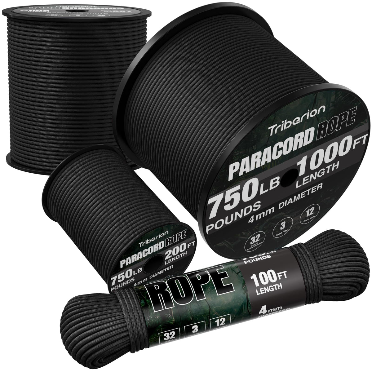 TRIBERION Paracord Rope 750 lb - 200ft 5/32" Parachute Cord 4MM 12-Strand para Cord - Heavy Duty Spool String for Survival,Camping Gear, Survival Bracelet, Clothesline - Black