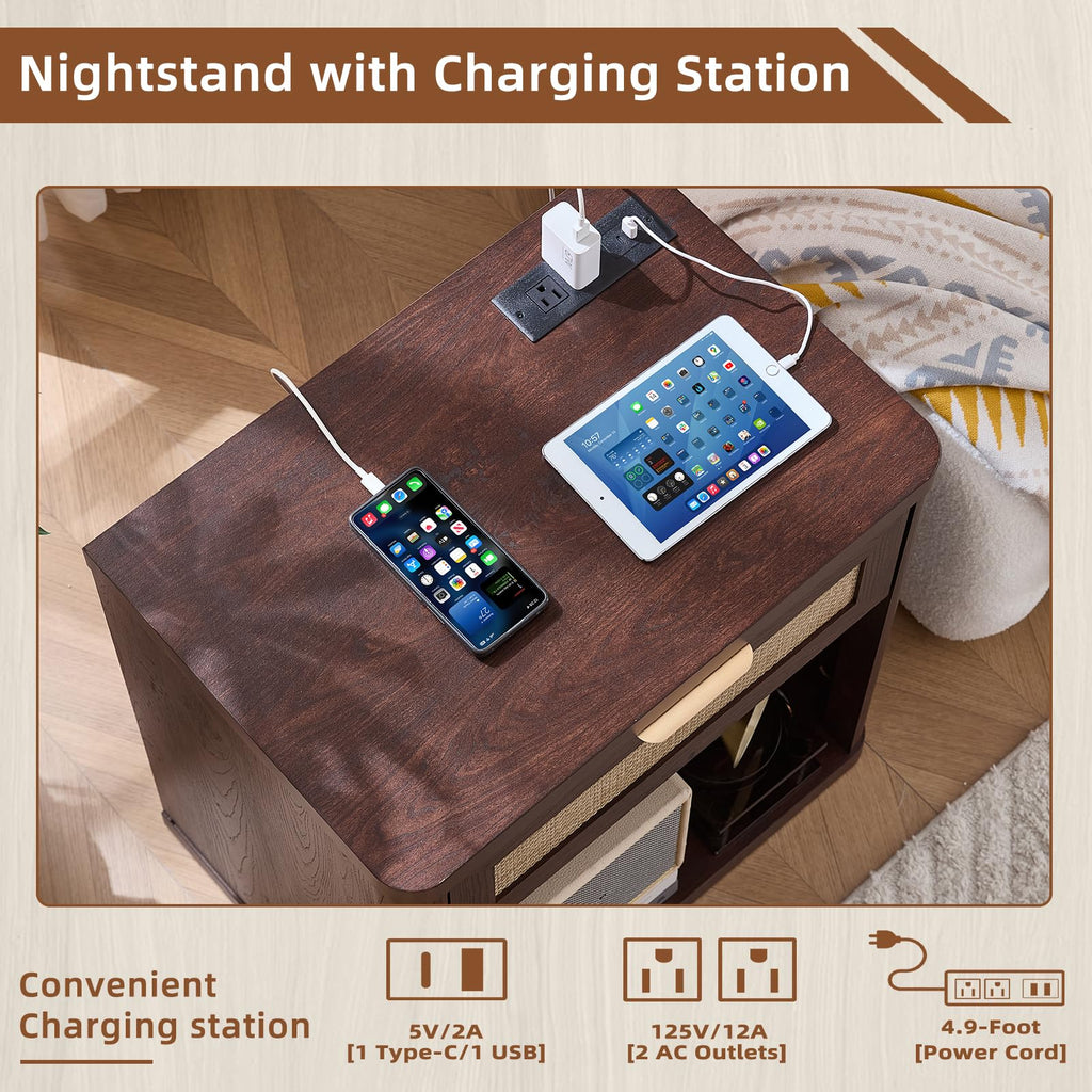 Rattan Nightstands Set of 2 with Charging Station (2 Count)