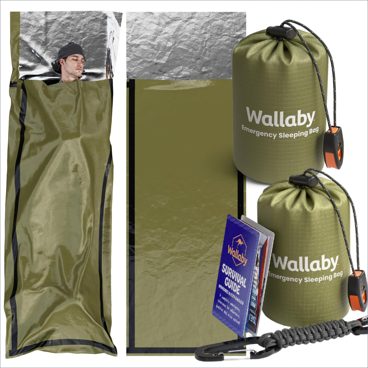 Wallaby 2-Pack Emergency Mylar Sleeping Bags with Nylon Pouches, Whistle Pull & Paracord with Carabiners, Free Survival Guide – Hiking, Survival (Green)