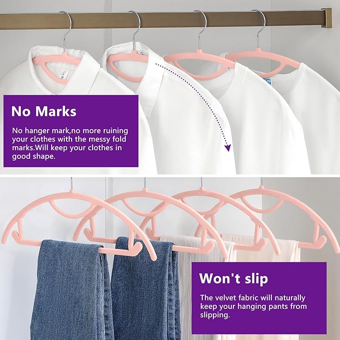MIZGI Premium Velvet Hangers 50-Pack,No Shoulder Bump Hangers W/Tie Bar Ultra Thin Space Saving Non Slip Hanger Heavy Duty Felt Rounded Clothes Hanger for Sweaters,Coat,Jackets,Pants,Shirts