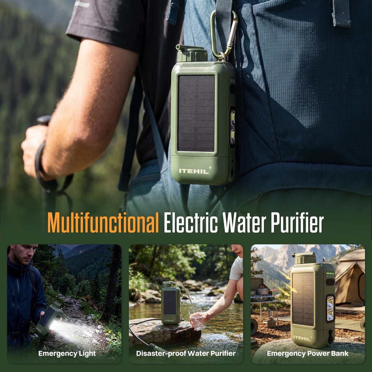 ITEHIL Portable Electric Water Filter, 0.01 Micron Camping Water Purifier with Solar, Outdoor Water Purification System for Camping, Hiking, Emergency & Survival