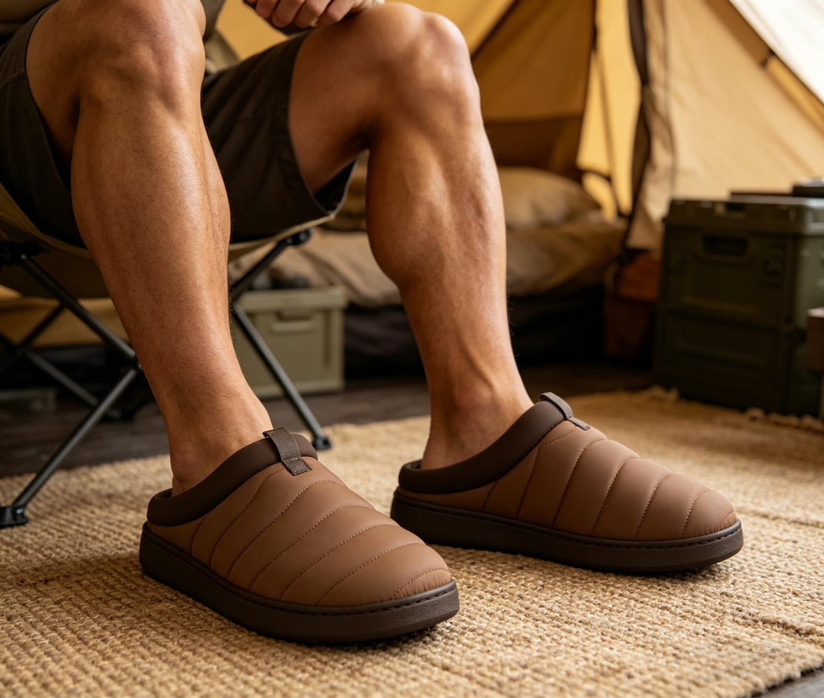 Men's Indoor Outdoor Slip On Campmate Slippers Memory Foam – Slide-in House Shoes, Cool Summer Puffer Camping Clog, Machine Washable, Rubber Sole, Velvet Lining, Easy Care Comfort for Men (Gifts)(Mocha Brown,Size 11)