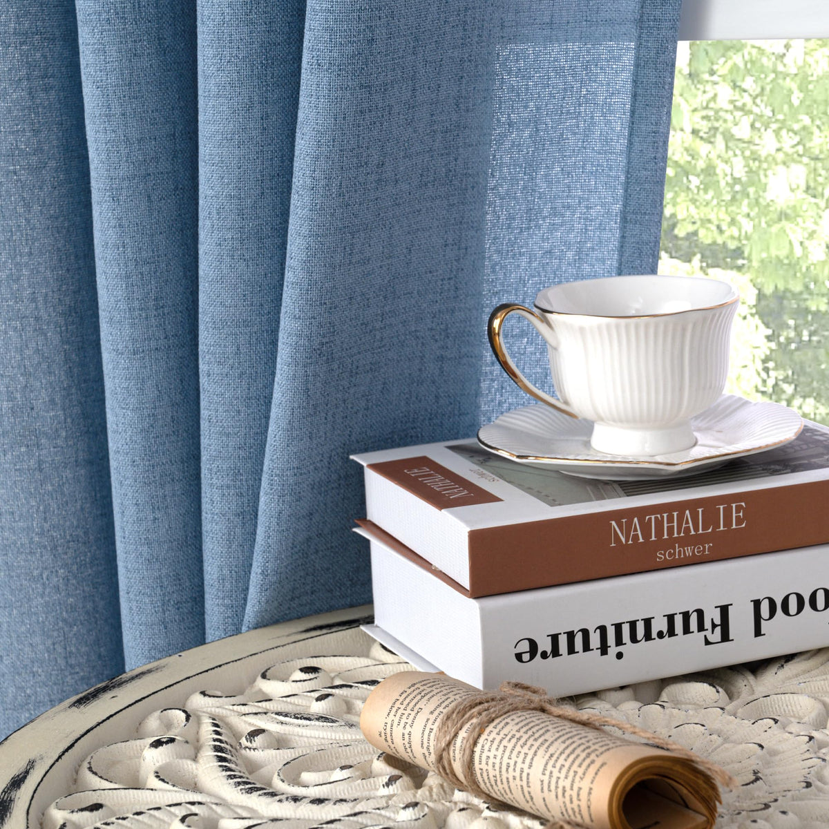 Denim Blue Short Linen Curtains 40 Inch Length for Kitchen Window (2 Count)