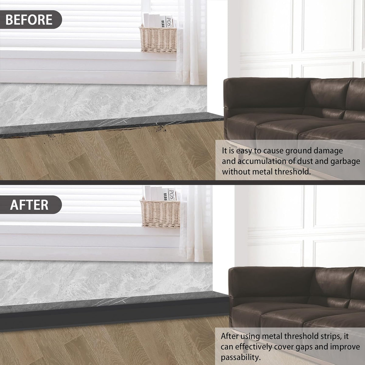 Gaahing Aluminum Floor Transition Threshold Strip, Bridge The Height Gap Between 0.3 to 1.6 inches for Doorway Ramp (2Pcs x 35.4in x 3.9in, Matte Black)