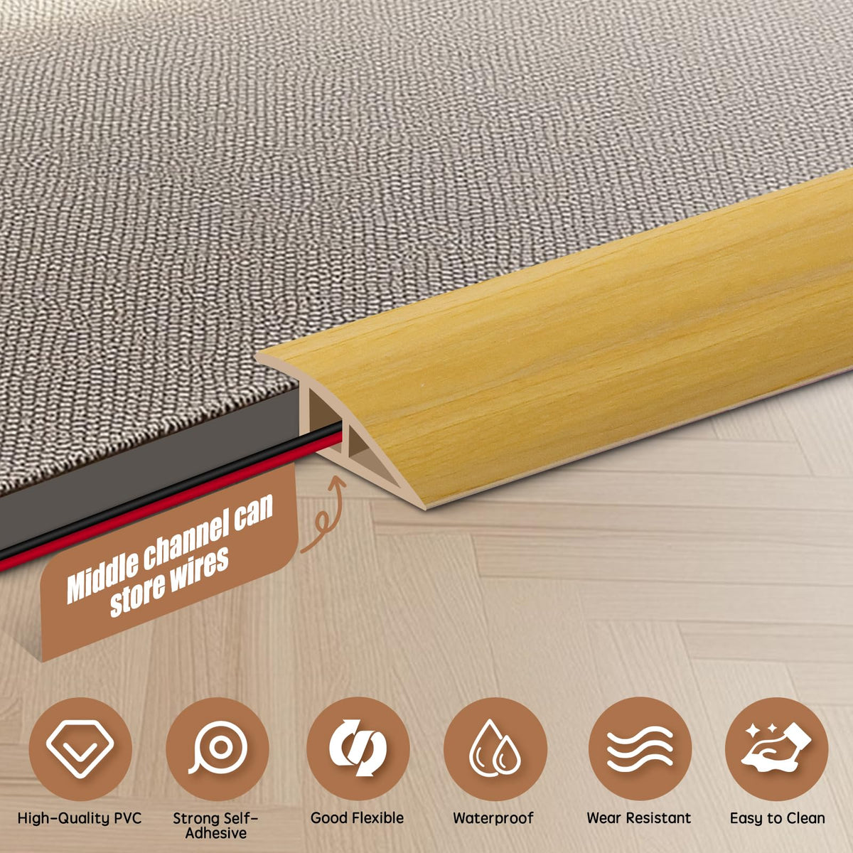 Floor Transition Strip Door Threshold 39" Floor Transition Reducer Trim on The Edges Threshold Strip Self Adhesive Suitable for Doorways