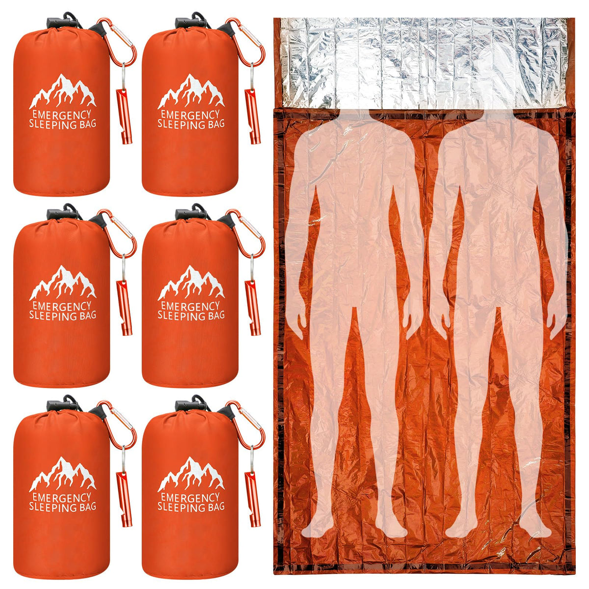 Oudain 6 Pcs XL Emergency Sleeping Bag 94.5" x 49.2" Waterproof Survival Sleeping Bag with Whistle Carabiner Portable Thermal Bivy Sack Emergency Blankets for Camping Hiking Outdoor (Orange)